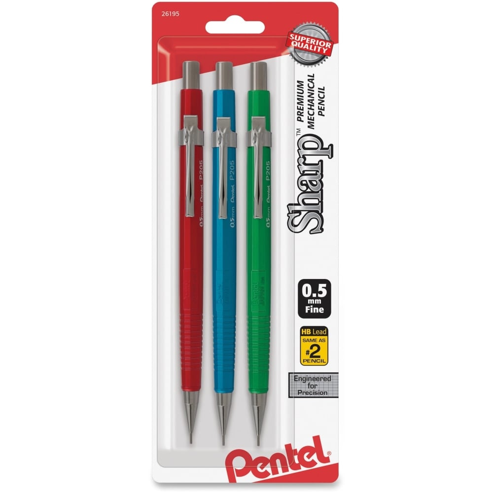 Pentel Sharp Premium Mechanical Pencils, HB Lead, Fine Point, 0.5 mm, Assorted Colors, Pack Of 3 MPN:P205MBP3M1