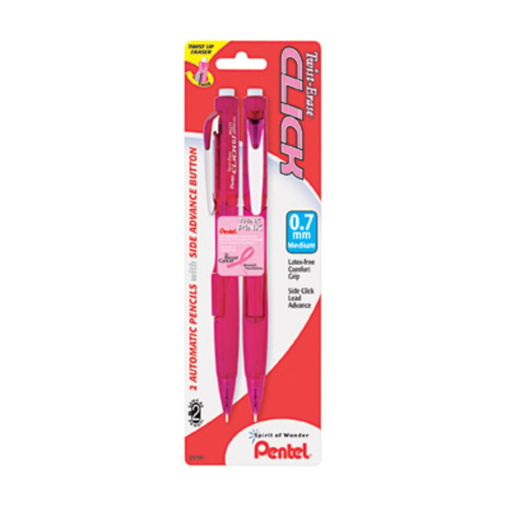 Pentel Twist-Erase Pink Click Mechanical Pencils, #2 Lead, 0.7 mm, Refillable, Pink Barrel, Pack Of 2 MPN:PD277TBP2PBC