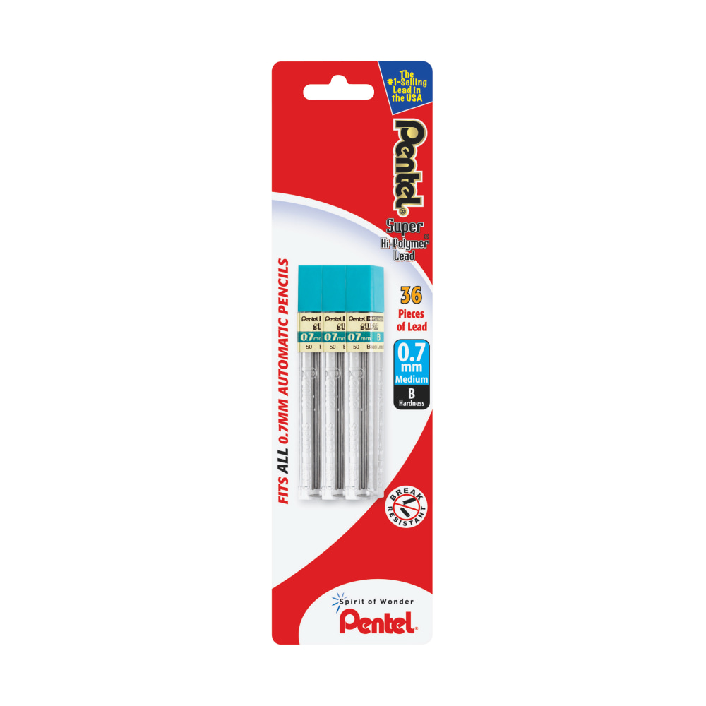 Pentel Super Hi-Polymer Lead Refills, Medium Point, 0.7 mm, B Hardness, Pack Of 36 Refills MPN:PD345BP3-D36