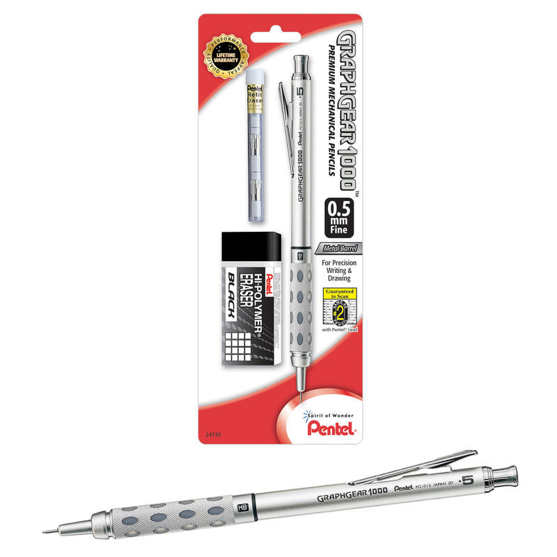 Pentel Graph Gear 1000 Mechanical Pencil with Eraser Set, 0.5mm, #2 Lead, Silver Barrel MPN:PG1015EBP