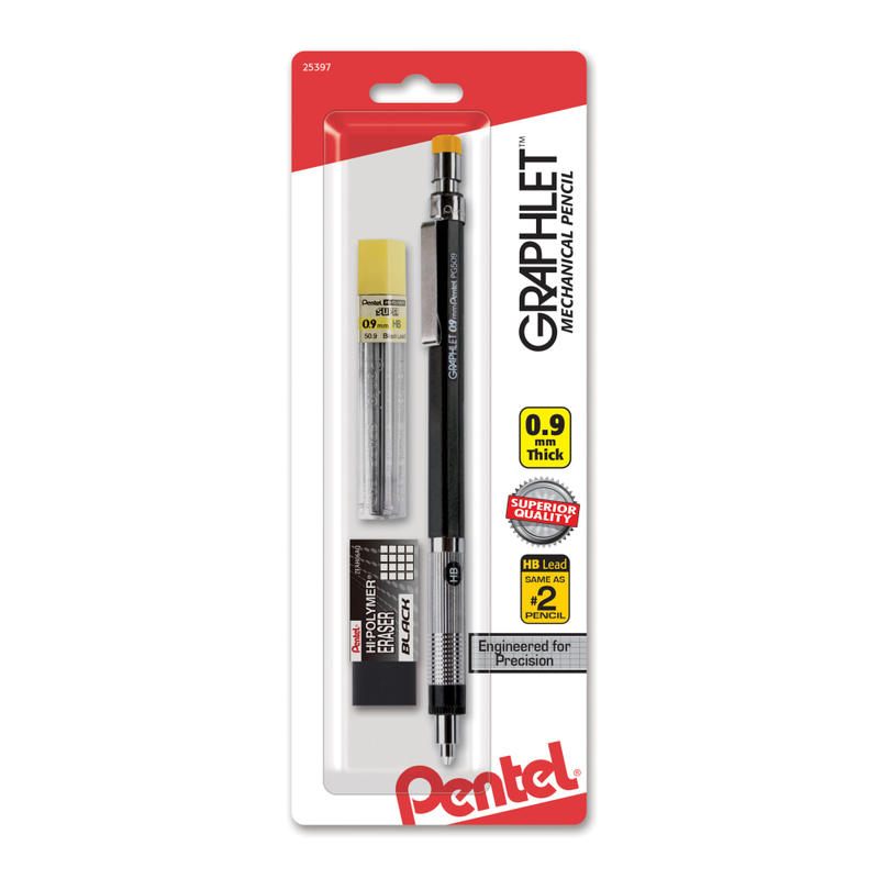 Pentel Graphlet Mechanical Pencil with Lead and Eraser Set, 0.9mm, #2 Lead, Black Barrel MPN:PG509LEBP