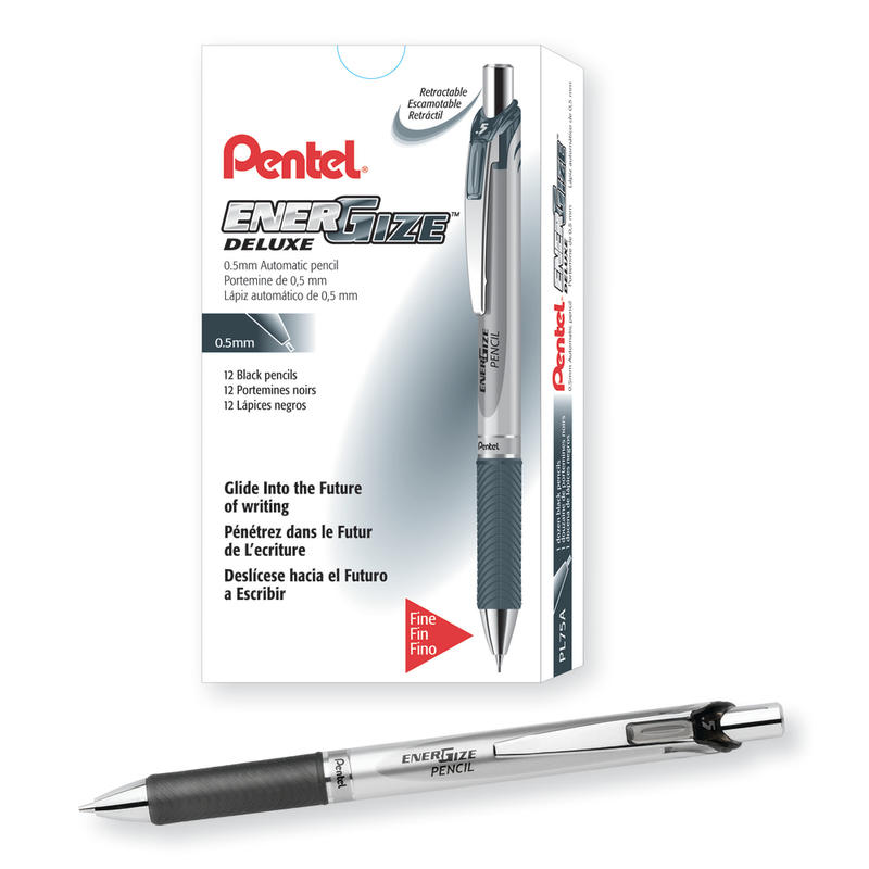 Pentel EnerGize Mechanical Pencil, 0.5mm, #2 Lead, Black/Silver Barrel, Pack Of 12 MPN:PL75-A-DZ