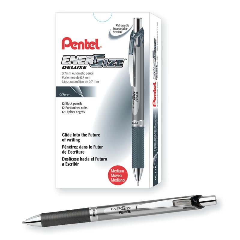 Pentel EnerGize Mechanical Pencils, 0.7 mm, Black/Silver, Pack Of 12 MPN:PL77A