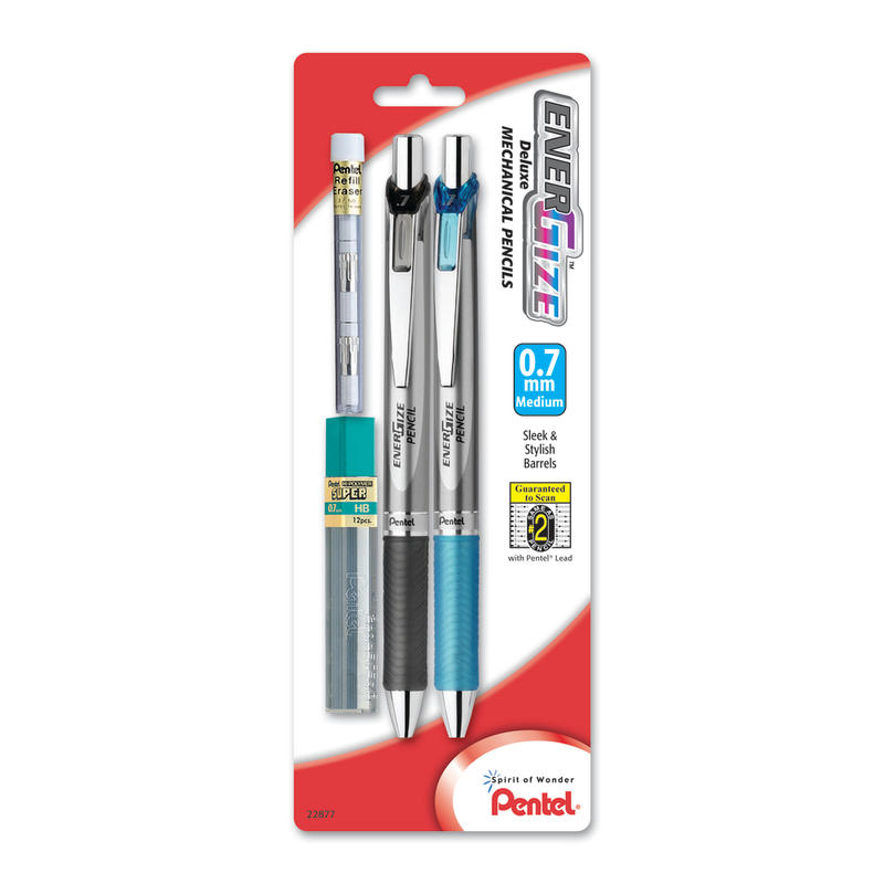 Pentel EnerGize Mechanical Pencils, Starter Set, 0.7 mm, Silver Barrel, Pack Of 2 MPN:PL77LEBP2