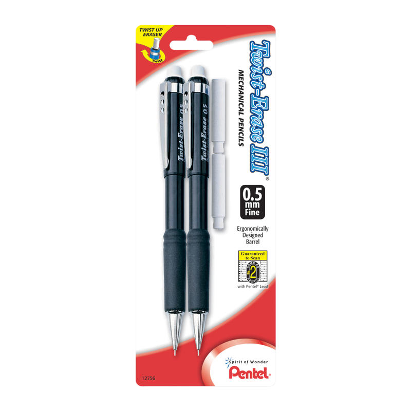 Pentel Twist-Erase III Mechanical Pencils, 0.5mm, #2 Lead, Assorted Barrel Colors, Pack Of 2 MPN:QE515BP2-K6