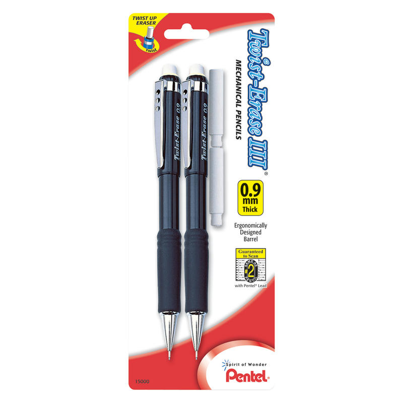 Pentel Twist-Erase III Mechanical Pencils, 0.9mm, #2 Lead, Assorted Barrel Colors, Pack Of 2 MPN:QE519BP2-K6