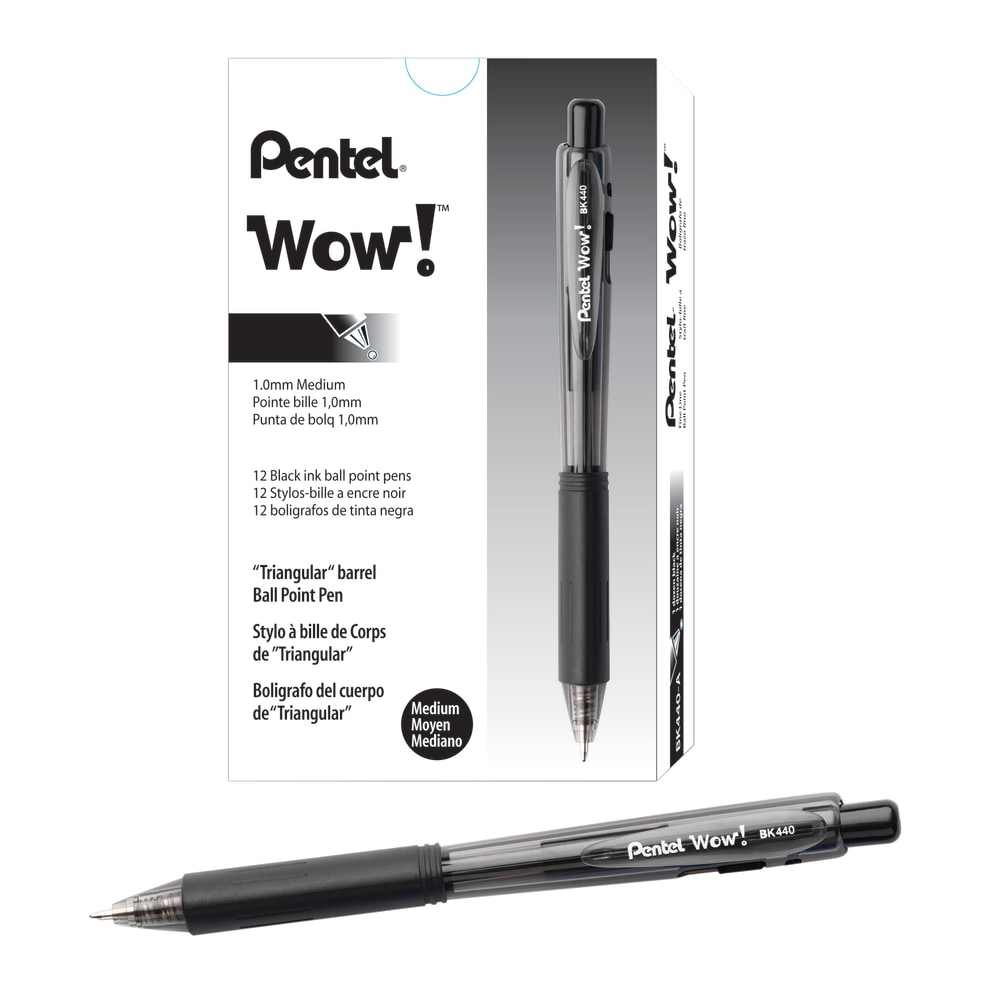 Pentel WOW! Retractable Ballpoint Pens, Medium Point, 1.0 mm, Transparent Black Barrels, Black Ink, Pack Of 12 MPN:BK440-A