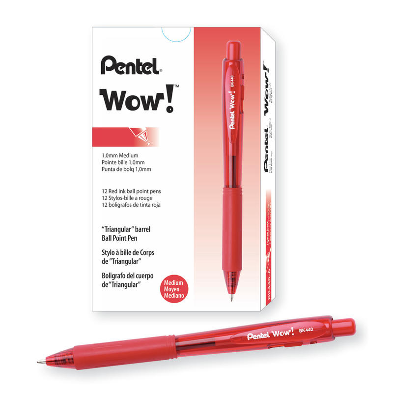 Pentel WOW! Retractable Ballpoint Pens, Medium Point, 1.0 mm, Transparent Red Barrels, Red Ink, Pack Of 12 MPN:BK440-B