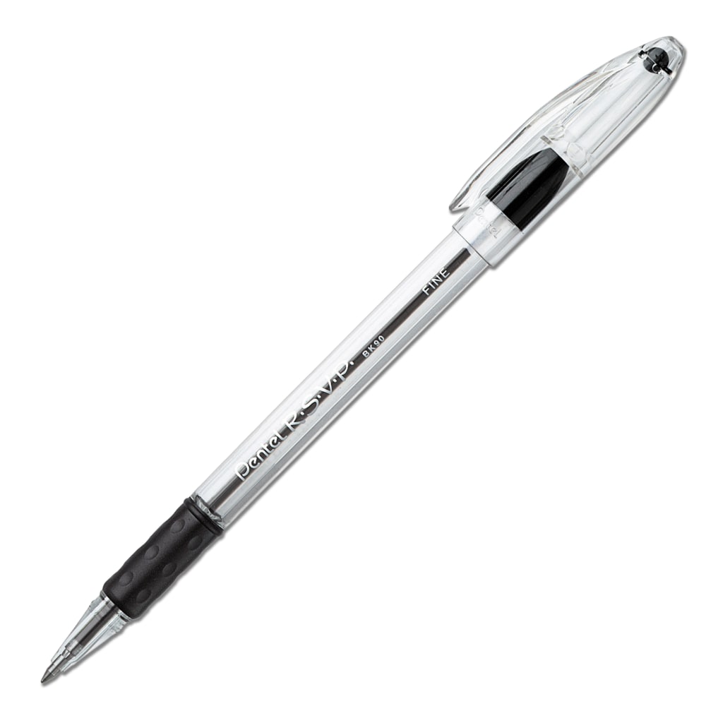 Pentel R.S.V.P. Ballpoint Pens, Fine Point, 0.7 mm, Clear Barrel, Black Ink, Pack Of 12 MPN:BK90-A