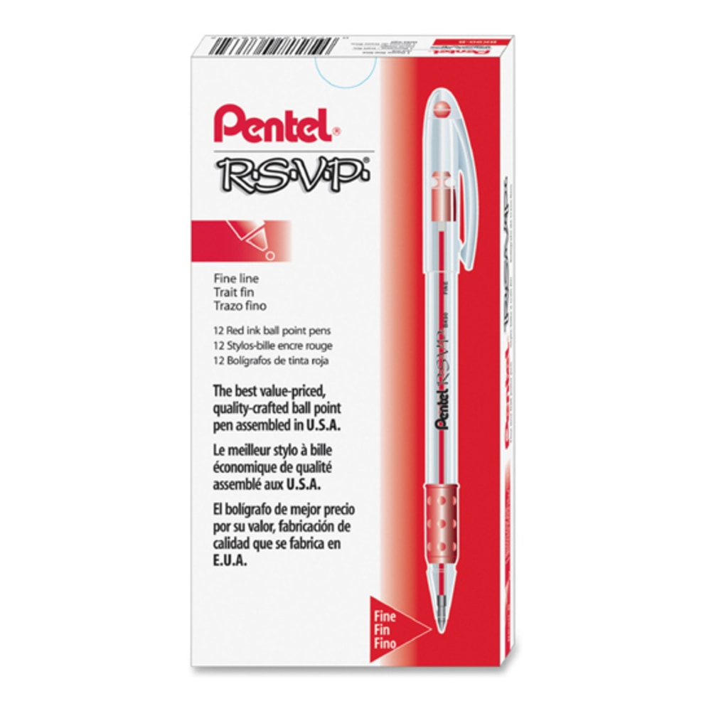 Pentel R.S.V.P. Ballpoint Pens, Fine Point, 0.7 mm, Clear Barrel, Red Ink, Pack Of 12 MPN:BK90-B