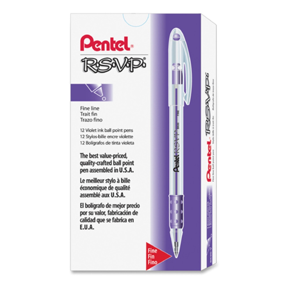 Pentel R.S.V.P. Ballpoint Stick Pens, Fine Point, 0.7 mm, Clear Barrel, Violet Ink, Pack Of 12 Pens MPN:BK90-V