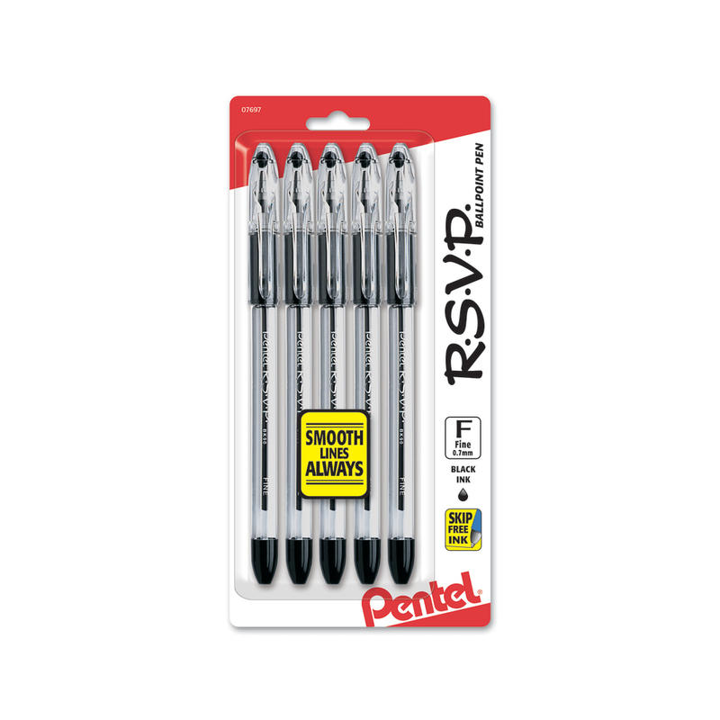 Pentel R.S.V.P. Ballpoint Pens, Fine Point, 0.7 mm, Clear Barrel, Black Ink, Pack Of 5 MPN:BK90BP5A-D2