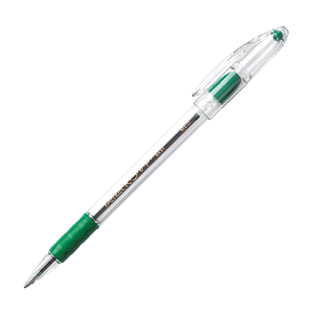 Pentel R.S.V.P. Ballpoint Pens, Medium Point, 1.0 mm, Clear Barrel, Green Ink, Pack Of 12 MPN:BK91-D