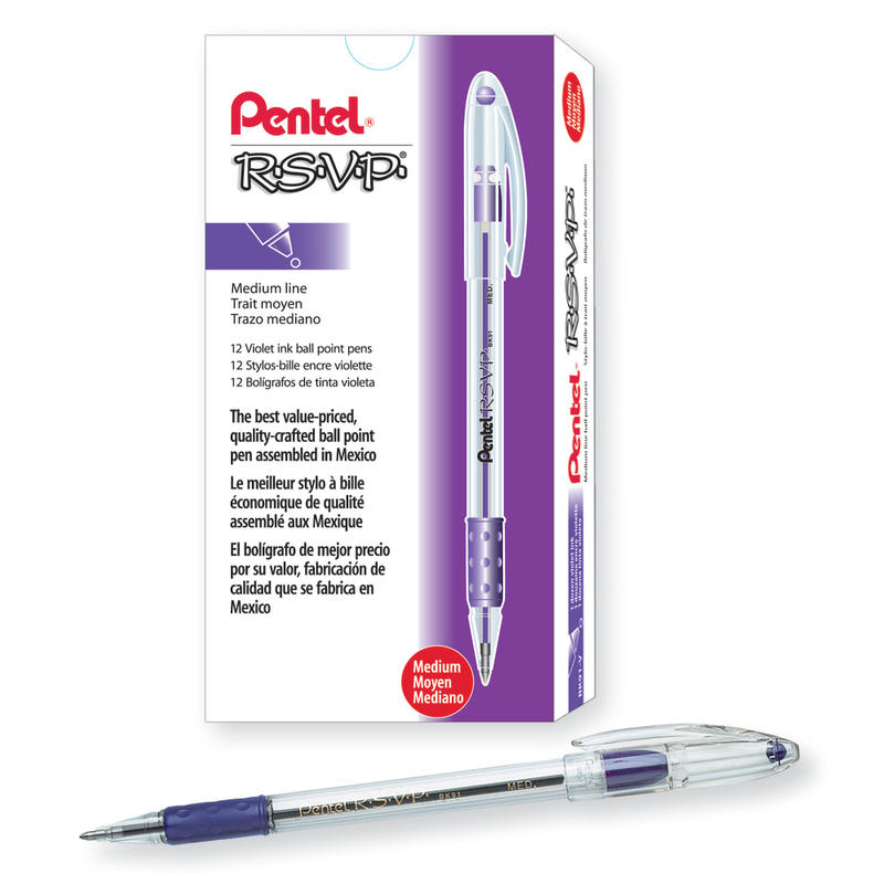 Pentel R.S.V.P. Ballpoint Pens, Medium Point, 1.0 mm, Clear Barrel, Violet Ink, Pack Of 12 MPN:BK91-V