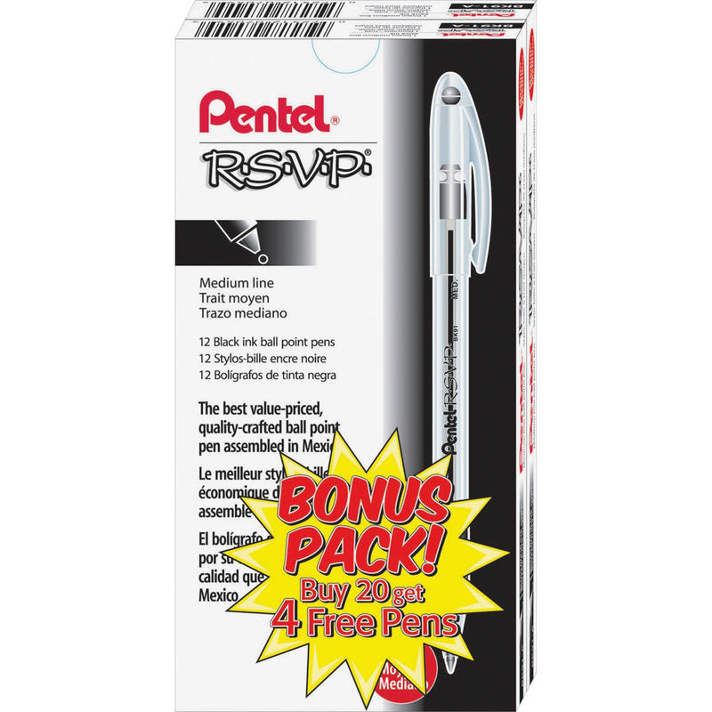 Pentel R.S.V.P. Ballpoint Stick Pens, Pack Of 24, Medium Point, 0.7 mm, Clear Barrel, Black Ink MPN:BK91ASWUS-PK