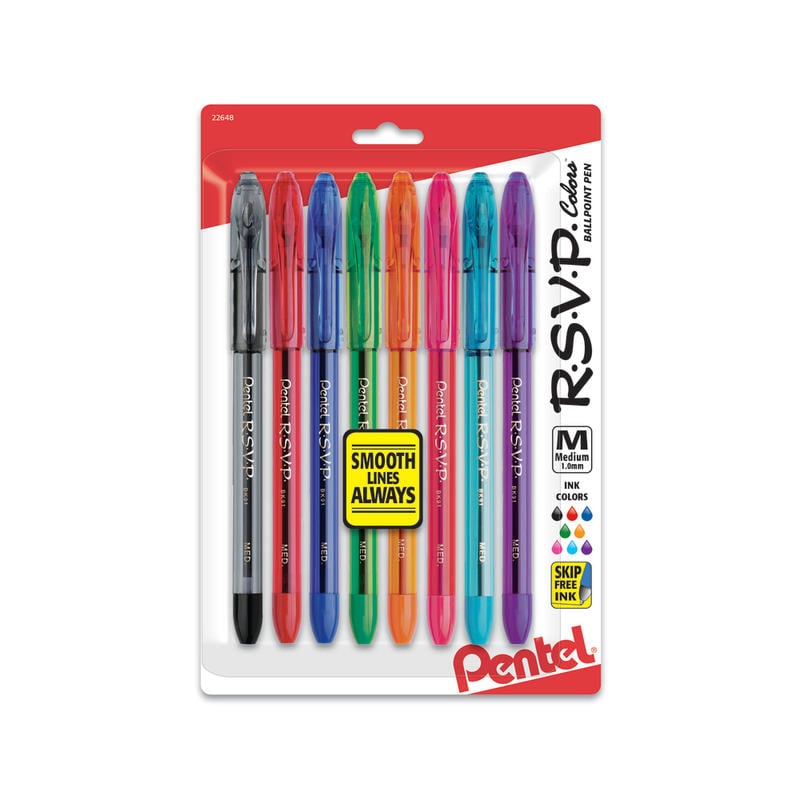 Pentel R.S.V.P. Ballpoint Pens, Medium Point, 1.0 mm, Clear Barrel, Assorted Ink Colors, Pack Of 8 MPN:BK91CRBP8M