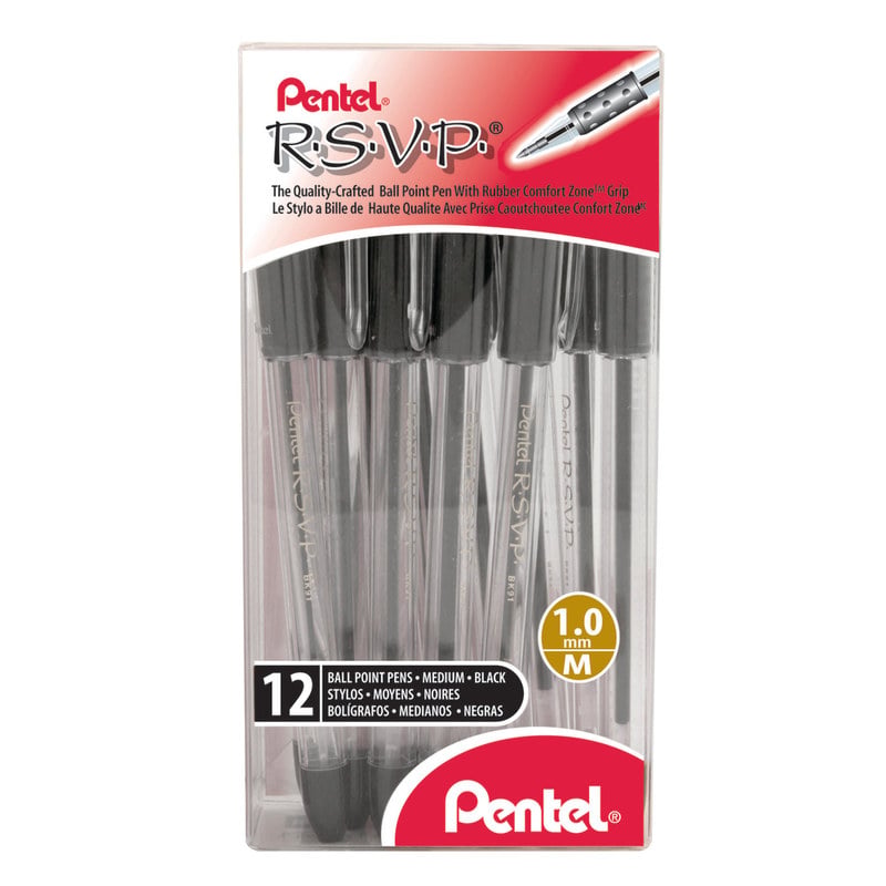 Pentel R.S.V.P. Ballpoint Pens, Medium Point, 1.0 mm, Clear Barrel, Black Ink, Pack Of 12 MPN:BK91PC12A