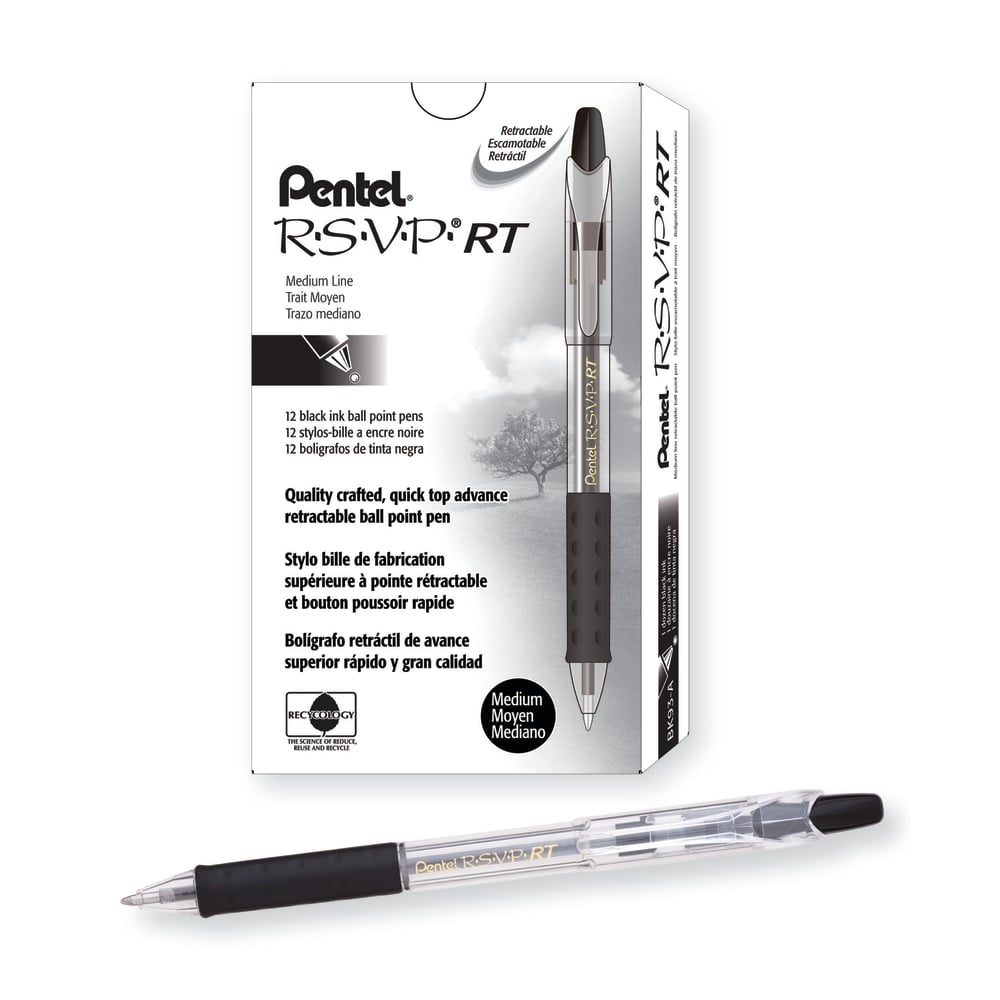 Pentel R.S.V.P. RT Retractable Ballpoint Pens, Medium Point, 1.0 mm, 61% Recycled, Transparent Black Barrel, Black Ink, Pack Of 12 Pens MPN:BK93-A
