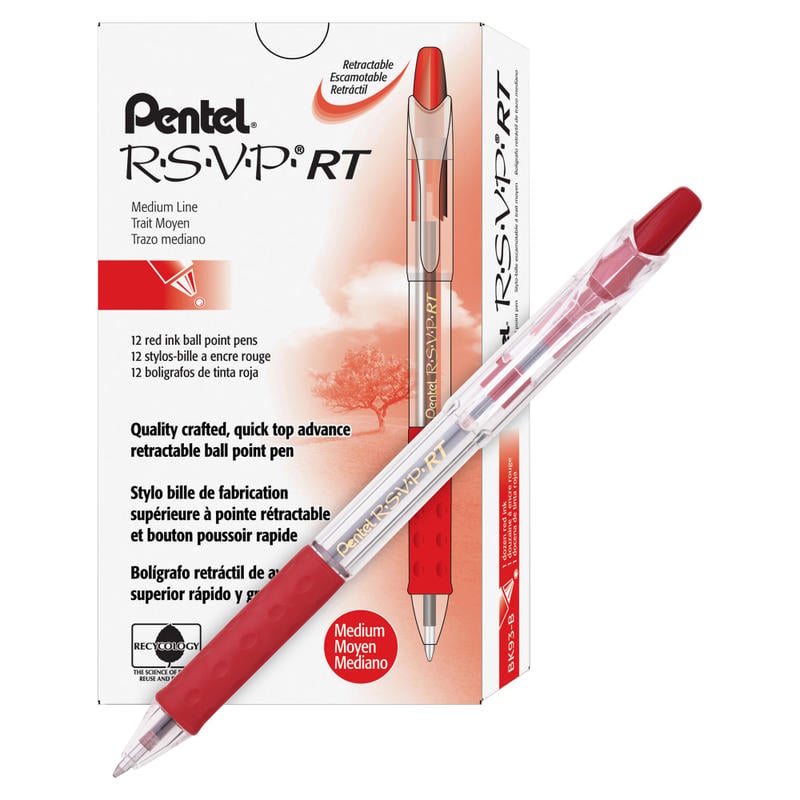 Pentel R.S.V.P. Retractable Ballpoint Pens, Medium Point, 1.0 mm, Clear Barrel, Red Ink, Pack Of 12 Pens MPN:BK93-B