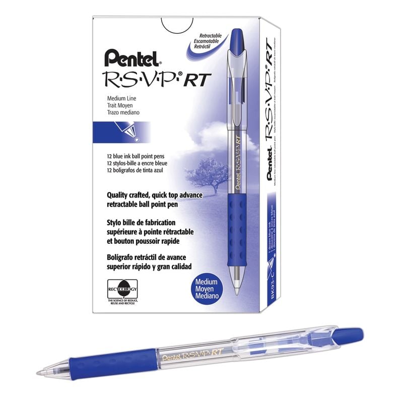Pentel R.S.V.P. RT Retractable Ballpoint Pens, Medium Point, 1.0 mm, 61% Recycled, Transparent Blue Barrel, Blue Ink, Pack Of 12 Pens MPN:BK93-C