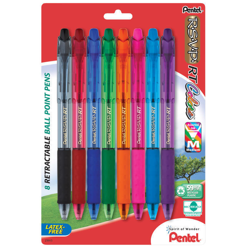 Pentel R.S.V.P. RT Retractable Ballpoint Pens, 1.0 mm, Medium Point, 59% Recycled, Assorted Barrels, Assorted Ink Colors, Pack Of 8 MPN:BK93CRBP8M