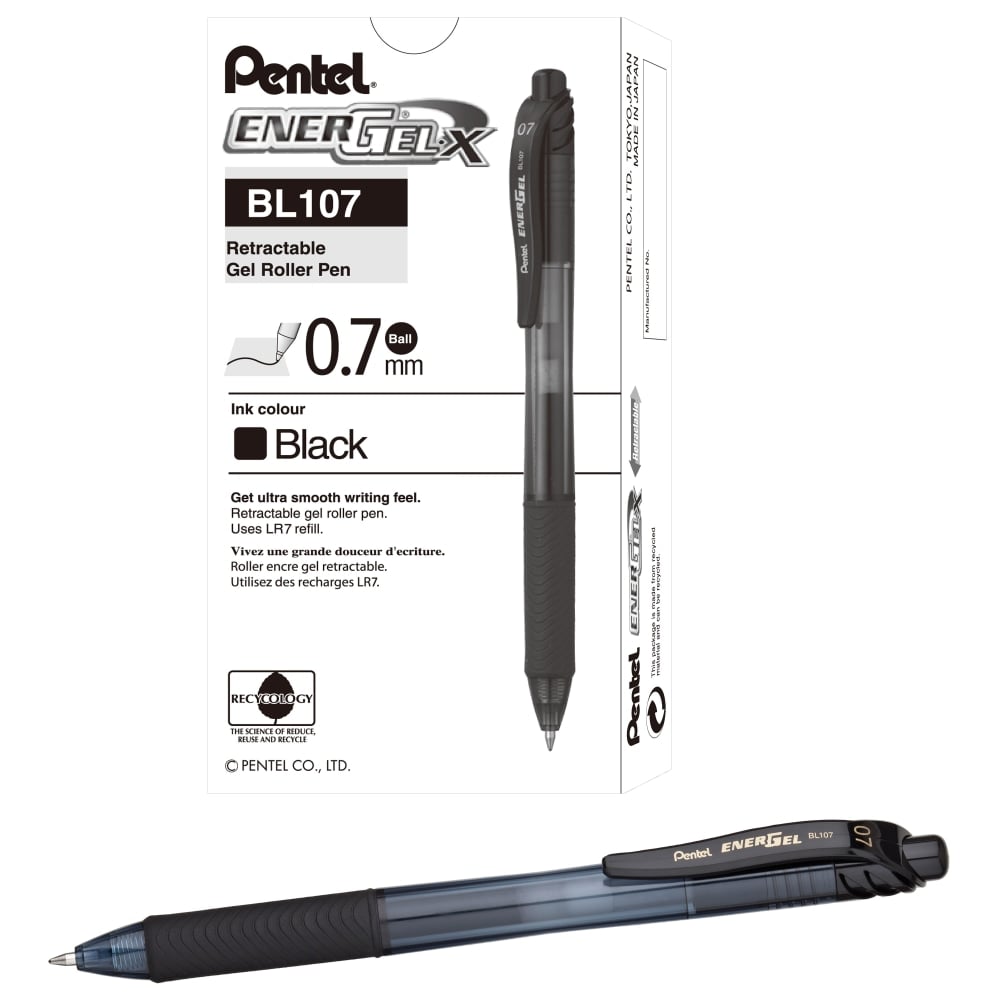 Pentel EnerGel X Retractable Liquid Gel Pens, Medium Point, 0.7 mm, 84% Recycled, Assorted Barrels, Black Ink, Box Of 12 Pens MPN:BL107A