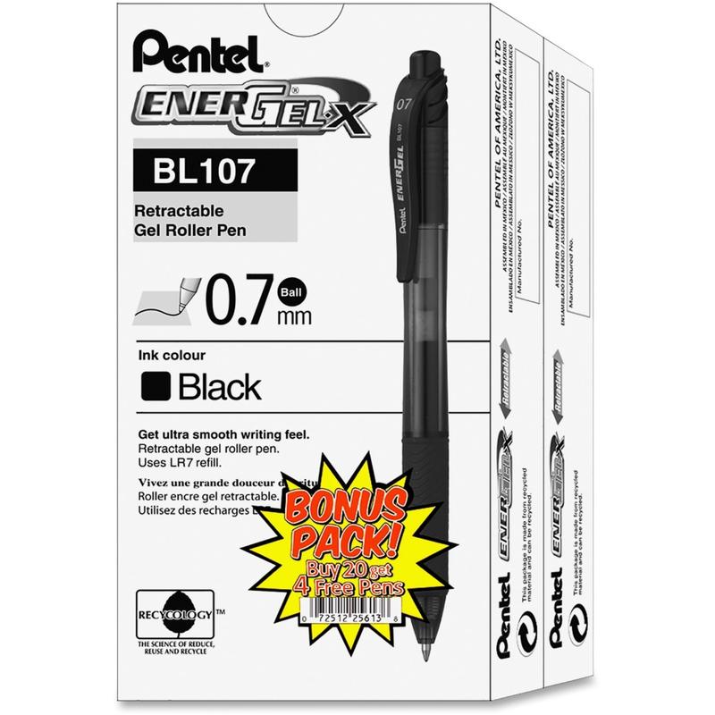 Pentel EnerGel-X Retractable Gel Pens, Pack Of 24, Medium Point, 0.7 mm, Black Barrel, Black Ink MPN:BL107ASW2