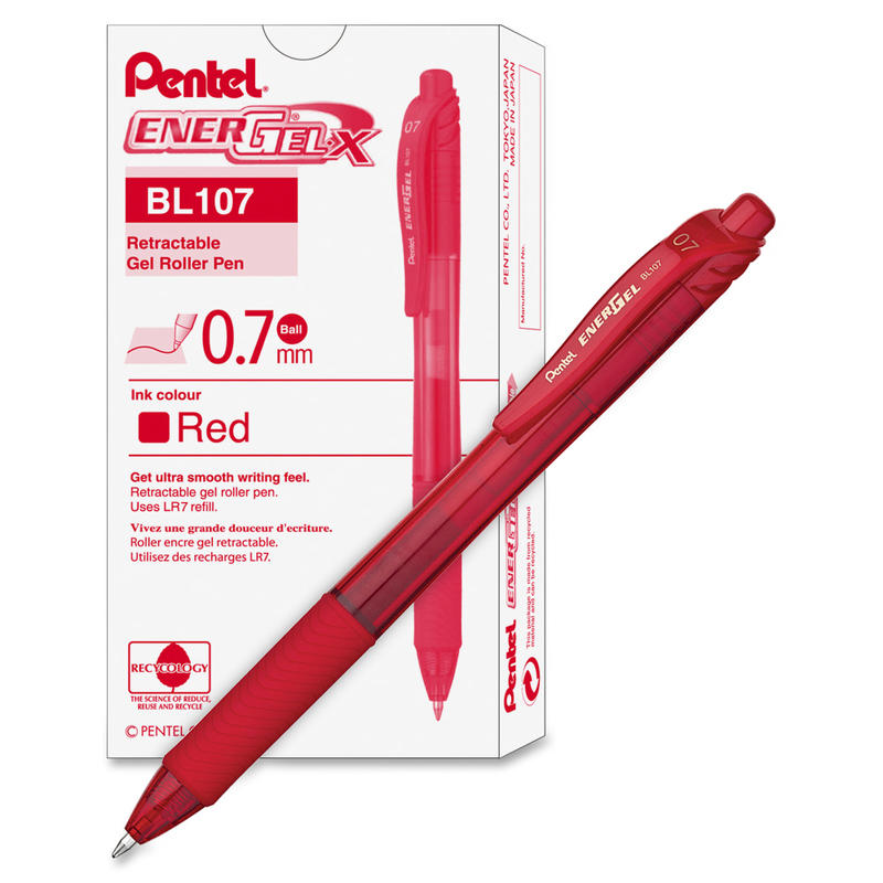 Pentel EnerGel-X Retractable Gel Pens, Medium Point, 0.7 mm, Red Barrel, Red Ink, Pack Of 12 Pens MPN:BL107B