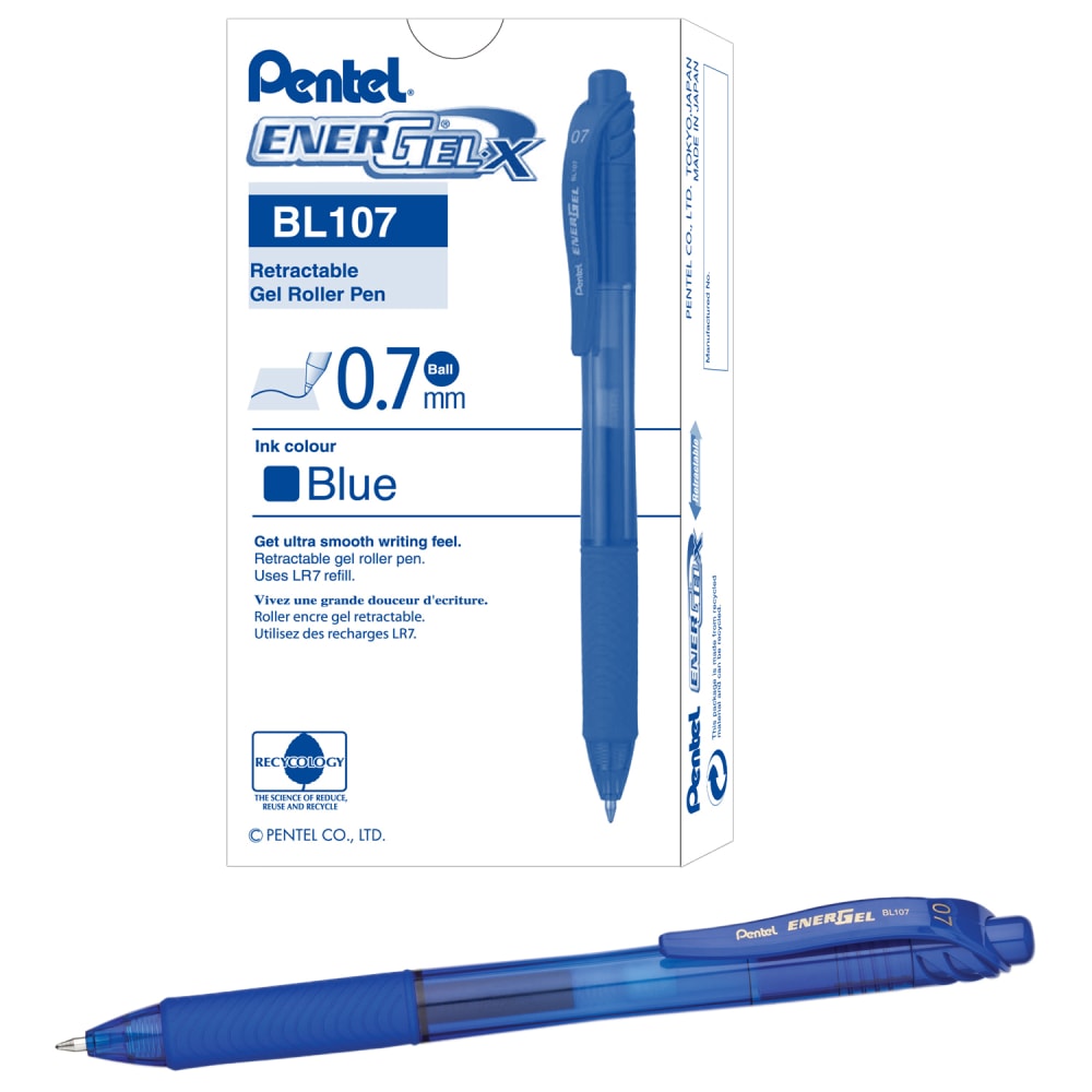 Pentel EnerGel Retractable Gel Pens, Medium, 0.7 mm, 84% Recycled, Blue Barrel, Blue Ink, Pack Of 12 Pens MPN:BL107C