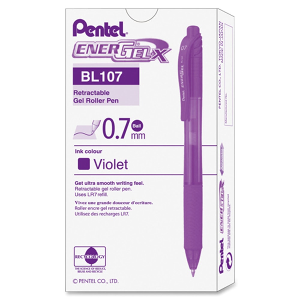 Pentel EnerGel-X Retractable Roller Gel Pens, Medium Point, 0.7 mm, 84% Recycled, Violet Barrel, Violet Ink, Pack Of 12 Pens MPN:BL107V