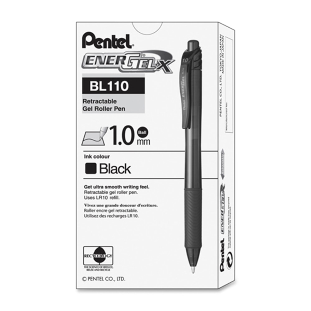 Pentel EnerGel-X Retractable Gel Pens, Bold Point, 1.0 mm, Black Barrel, Black Ink, Pack Of 12 Pens MPN:BL110-A