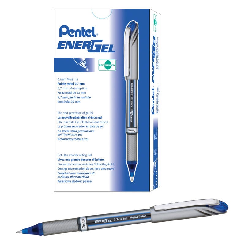 Pentel EnerGel NV Liquid Gel Pens, Medium Point, 0.7 mm, Blue Ink, Pack Of 12 Pens MPN:BL27-C
