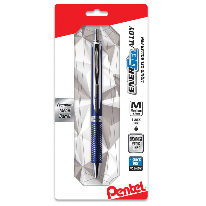 Pentel EnerGel Alloy Premium Liquid Gel Pen, Medium Point, 0.7 mm, Navy/Silver Barrel, Black Ink MPN:BL407CBPA