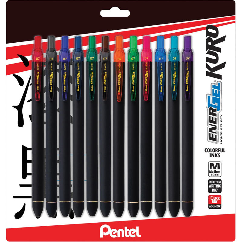 Pentel EnerGel Kuro Liquid Retractable Gel Pens, Pack Of 12, Medium Point, 0.7 mm, Assorted Colors MPN:BL437R1BP12M