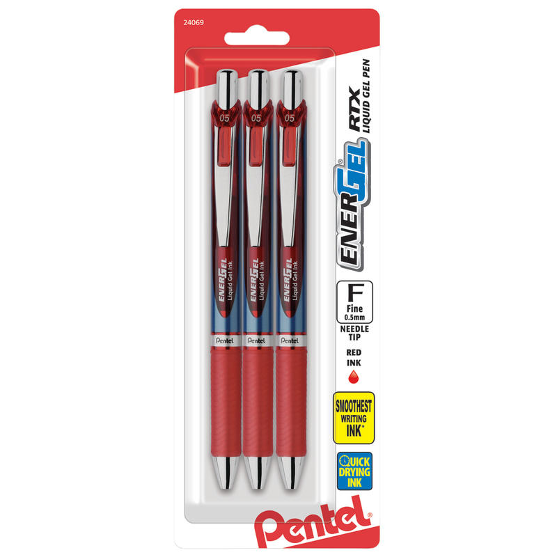 Pentel EnerGel RTX Retractable Liquid Gel Pens, Fine Point, 0.5mm, 54% Recycled, Assorted Barrel Colors, Red Ink, Pack Of 3 Pans MPN:BL75BP3B