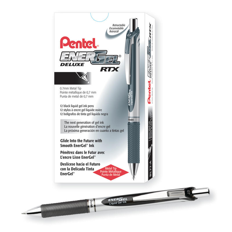 Pentel EnerGel Retractable Liquid Gel Pens, Medium Point, 0.7 mm, Silver Barrel, Black Ink, Pack Of 12 MPN:BL77ADZ