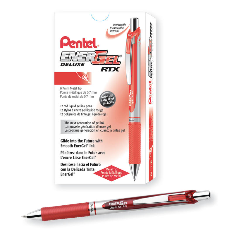 Pentel EnerGel Retractable Liquid Gel Pens, Medium Point, 0.7 mm, Silver Barrel, Red Ink, Pack Of 12 MPN:BL77BDZ
