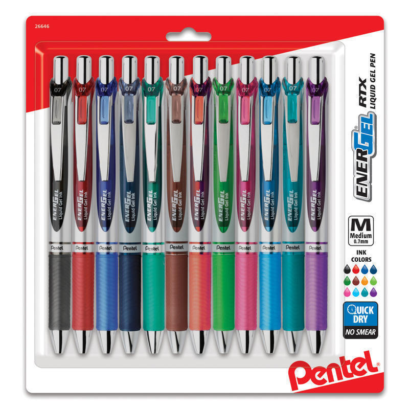 Pentel EnerGel RTX Retractable Liquid Gel Pens, Medium Point, 0.7 mm, Assorted Colors, Pack Of 12 Pens MPN:BL77BP12M