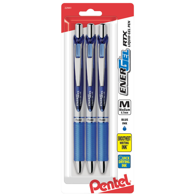 Pentel Energel Deluxe RTX Gel Pens, Medium Point, 0.7 mm, Assorted Barrels, Blue Ink, Pack Of 3 MPN:BL77BP3C