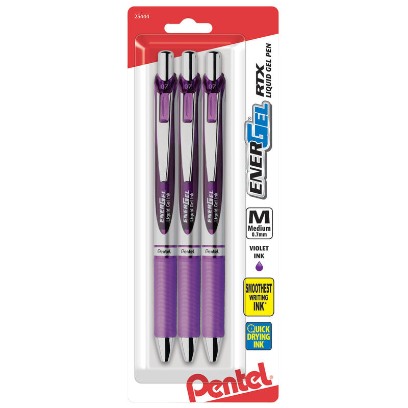 Pentel EnerGel Deluxe RTX Gel Pens, Medium Point, 0.7 mm, Assorted Barrels, Violet Ink, Pack Of 3 MPN:BL77BP3V