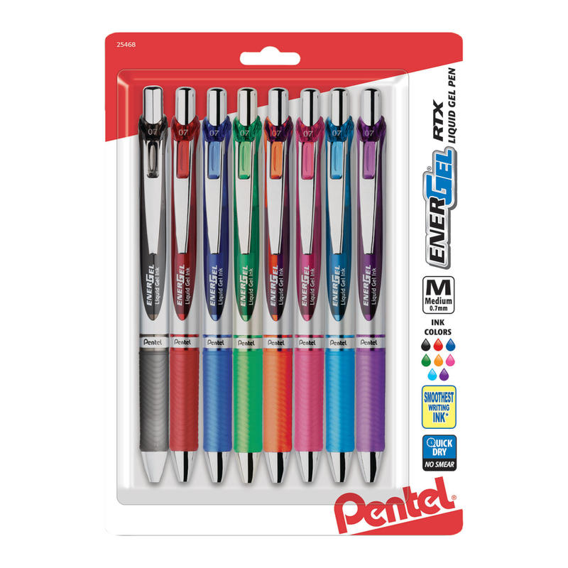 Pentel EnerGel RTX Pens, 0.7 mm, Medium Point, Assorted Ink Colors, Pack Of 8 MPN:BL77BP8M