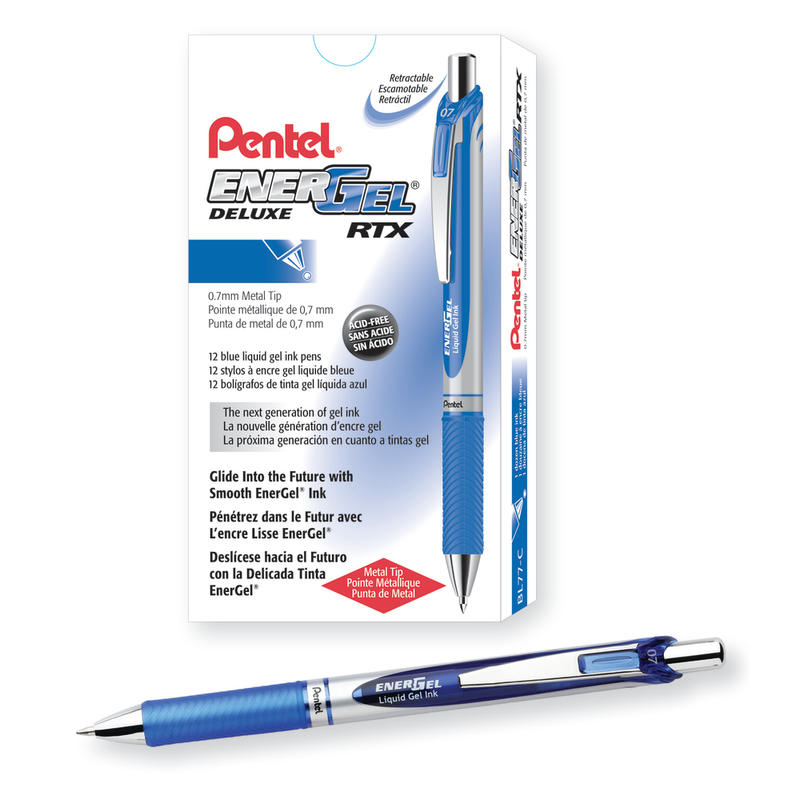 Pentel EnerGel Retractable Liquid Gel Pens, Medium Point, 0.7 mm, Silver Barrel, Blue Ink, Pack Of 12 MPN:BL77CDZ