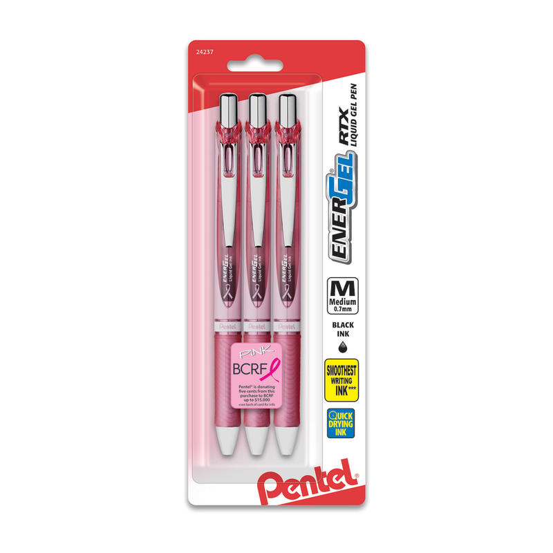 Pentel EnerGel RTX Retractable Liquid Gel Pens, Medium Point, 0.7 mm, Assorted Barrel Colors, Black Ink, Pack Of 3 Pens MPN:BL77PBP3A-BC