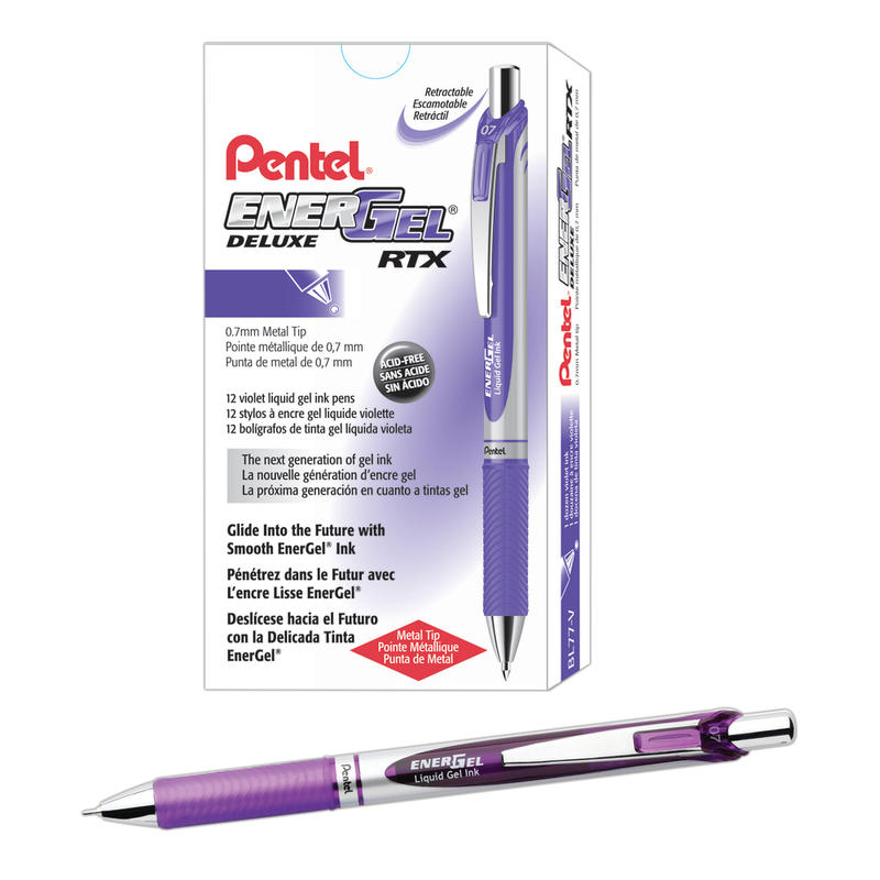 Pentel EnerGel Retractable Liquid Gel Pens, Medium Point, 0.7 mm, Silver Barrel, Violet Ink, Pack Of 12 MPN:BL77VDZ