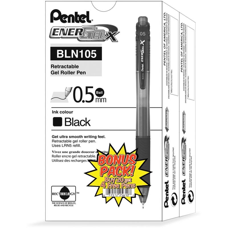 Pentel EnerGel-X Retractable Gel Pens, Pack Of 24, Fine Point, 0.5 mm, Black Barrel, Black Ink MPN:BLN105ASW2