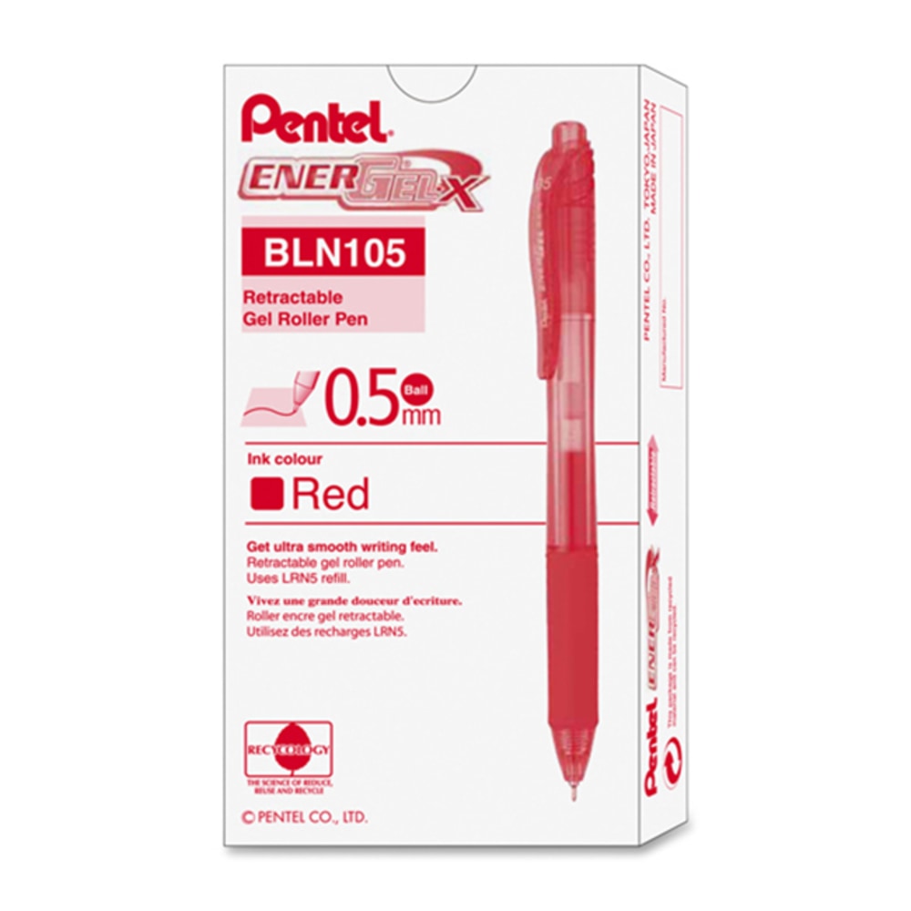 Pentel EnerGel-X Retractable Gel Pens, Fine Point, 0.5 mm, Red Barrel, Red Ink, Pack Of 12 Pens MPN:BLN105B