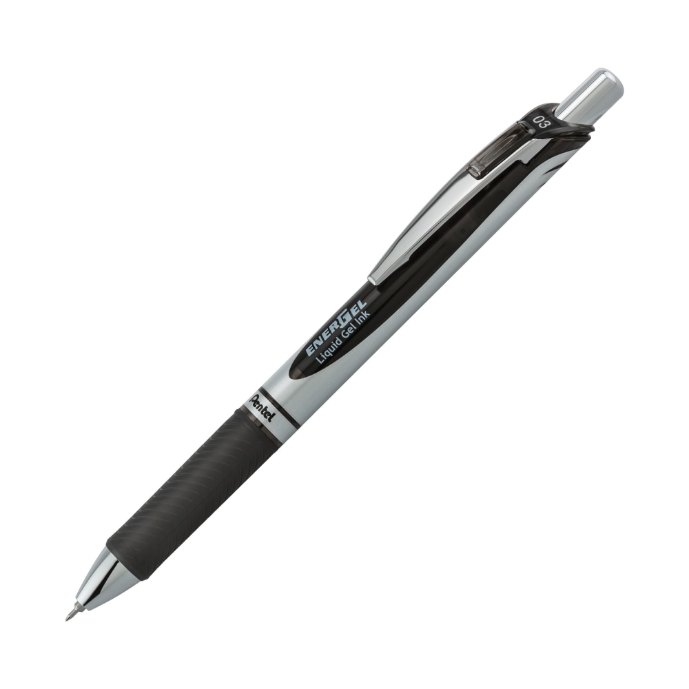 Pentel EnerGel RTX Retractable Liquid Gel Pens, Needle Point, 0.3 mm, Black/Silver Barrel, Black Ink, Pack Of 12 MPN:BLN73AUOM