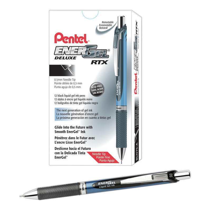 Pentel EnerGel Deluxe RTX Retractable Liquid Gel Pens, Fine Point, 0.5 mm, 54% Recycled, Blue Barrel, Black Ink, Pack Of 12 Pens MPN:BLN75-A