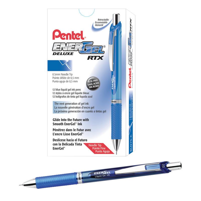 Pentel EnerGel RTX Retractable Liquid Gel Pens, Fine Point, 0.5 mm, 54% Recycled, Blue, Pack Of 12 Pens MPN:BLN75-C