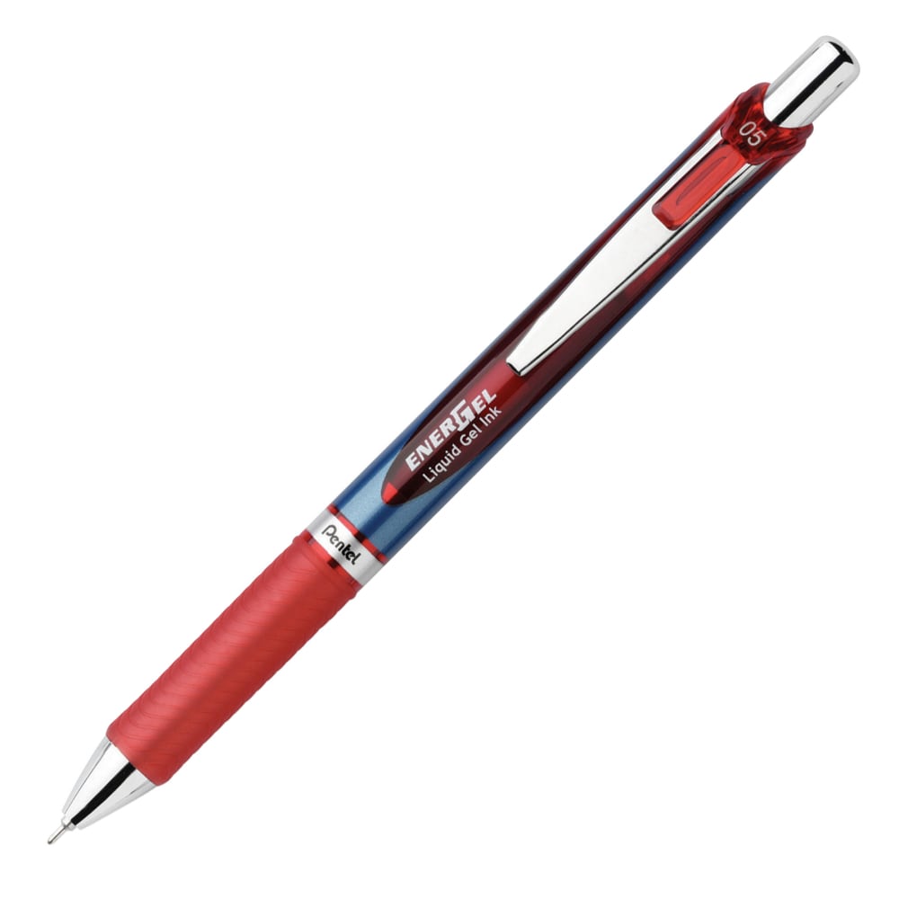 Pentel EnerGel RTX Retractable Liquid Gel Pen, 0.5mm, Silver/Red Barrel, Red Ink MPN:BLN75B